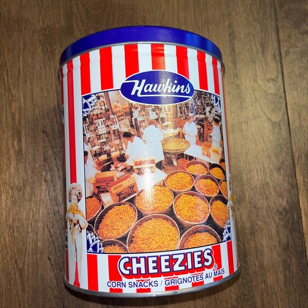 Hawkins Blue and Red Cheezies Tin